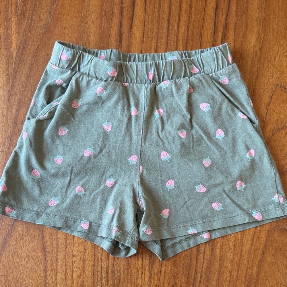 H&M Girls Strawberry Print Shorts Green Pink Cotton Elastic Waist Pockets Size 6